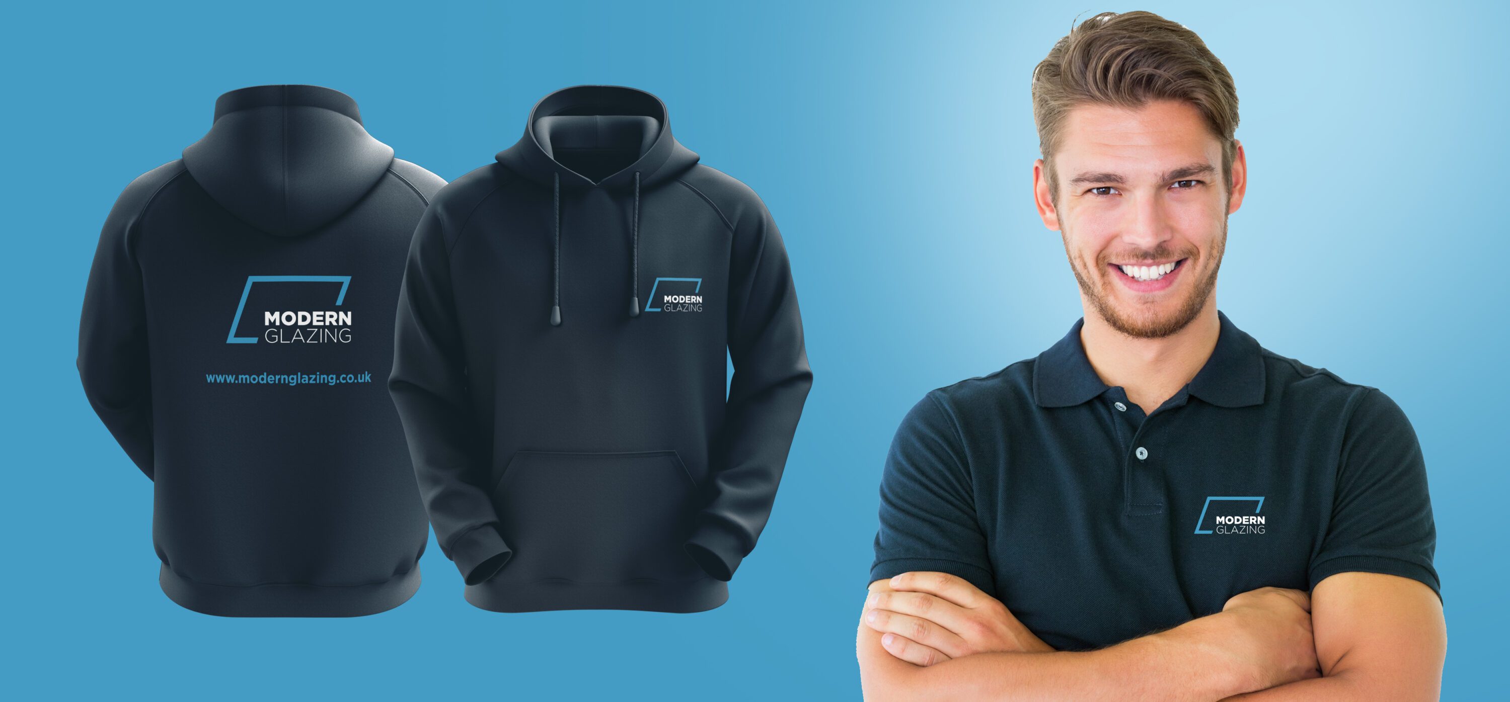 Modern glazing clothing with logo apparel, branding, design agency, leamington spa, graphic design warwickshire, creative agency warwick, littlefish, design agency leamington spa, midlands creative agency